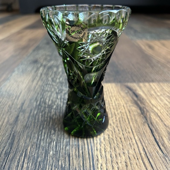 Emerald Green Other - Vintage 5" Emerald Green Cut-to-Clear Lead Crystal Bud Vase Bohemian Style